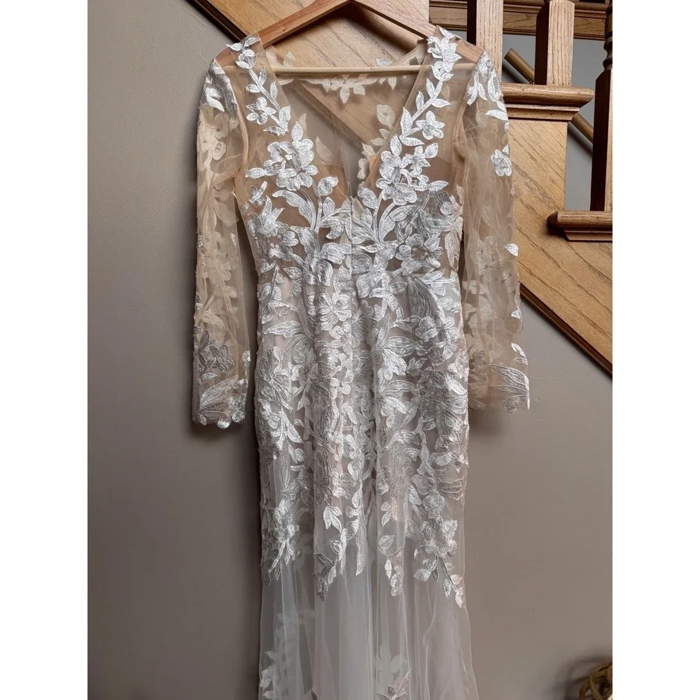 Wedding Bridal‎ Gown White Dress XS/S Lace Floral Appliqué Sheer Long Sleeve